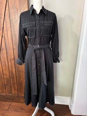 CIEBON Janie Topstitch Tie Waist Long Sleeve Midi Dress Size S NEW WITH TAGS